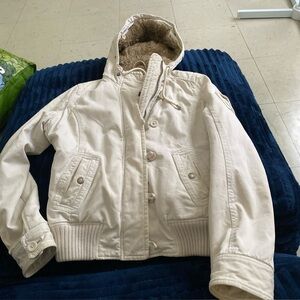 Y2K ABERCROMBIE & FITCH CASEY BOMBER JACKET. CREAM LARGE FUR LINED HOOD
